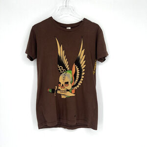 Vtg Don Ed Hardy Shirt Mens‎ S Brown Skull Angel Knife Y2K Christian Audigier